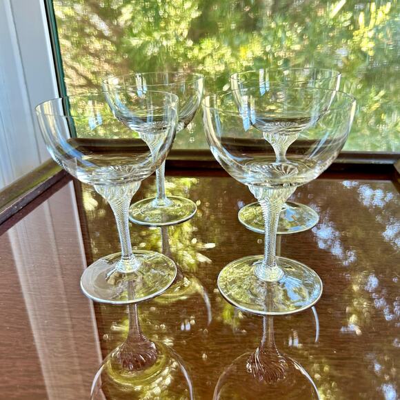 Vintage Twisted Stem Crystal American Cut Roberto Water & Coupe Glasses Set 8 - Picture 7 of 15